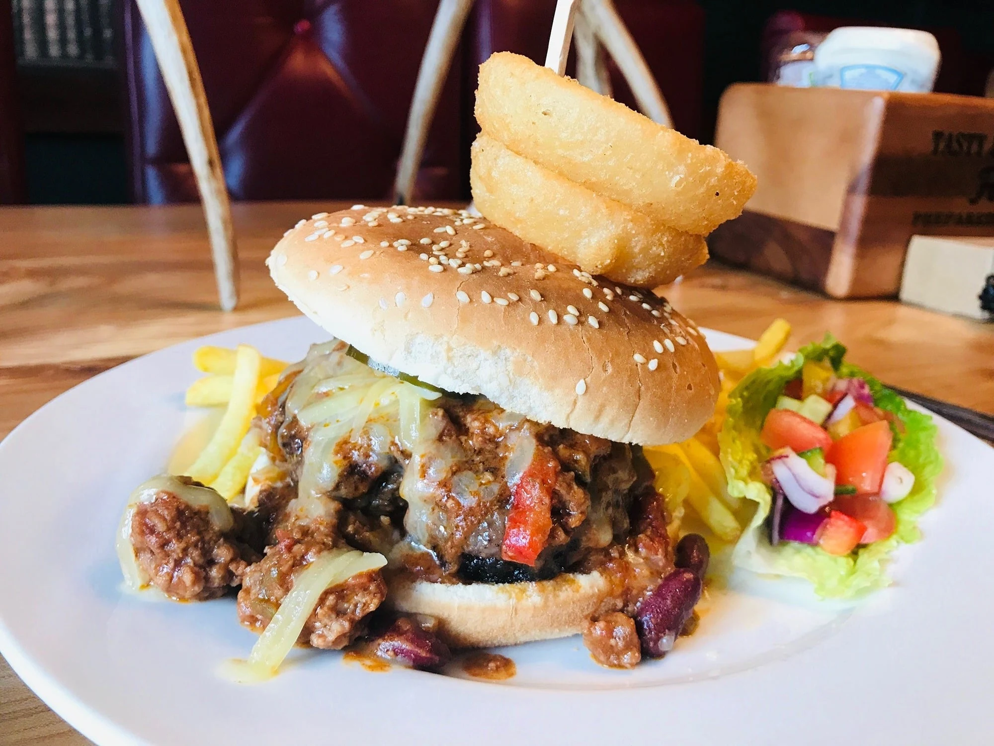 Burger and chips at The Greyhound Inn