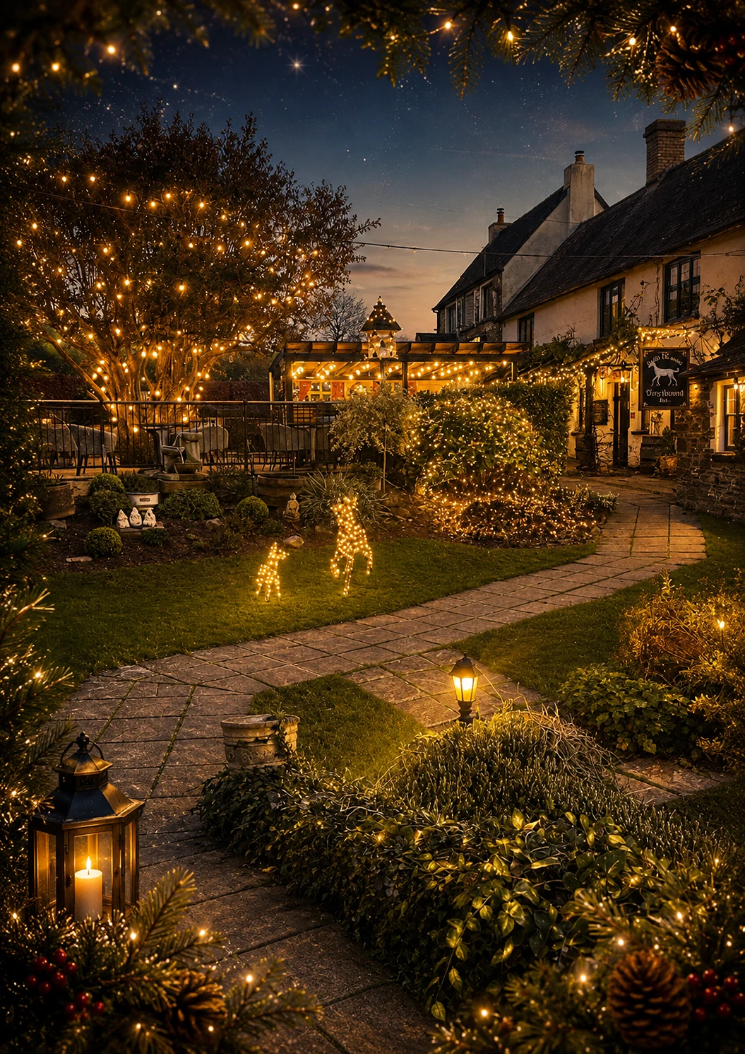 The Greyhound Inn decorated for Christmas